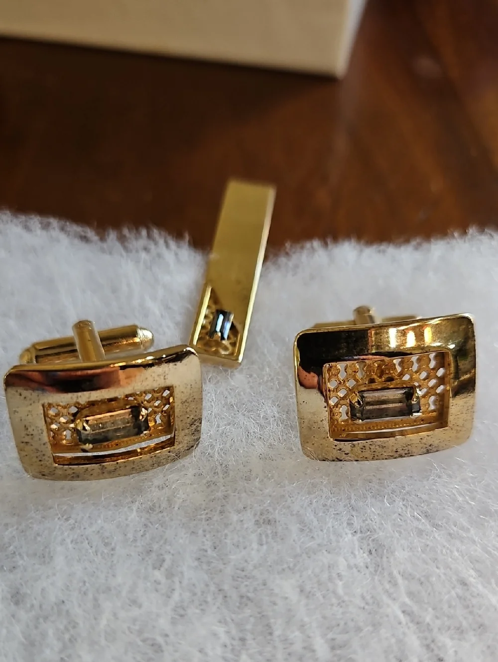 Shields Smokey Quartz Gold Tone‎ Vintage Cufflinks And Tie Tack